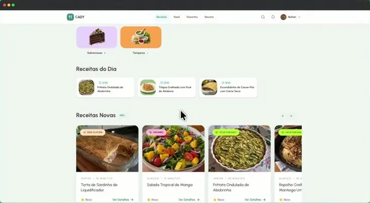 Tela inicial da Plataforma Cady com receitas do dia